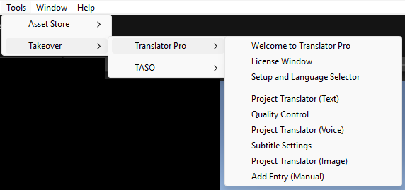 Translator Pro tools menu showing setup, language selector, project translator, quality control, voice, subtitles, image translator, and manual entry