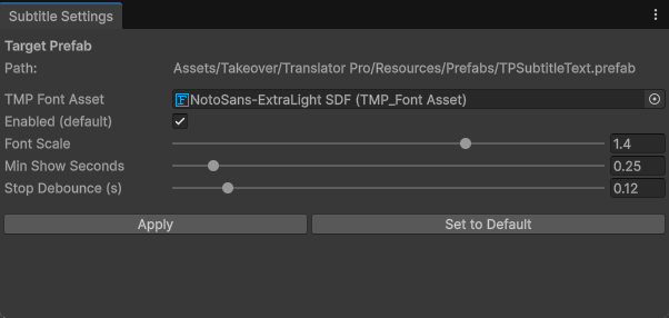 Translator Pro subtitle settings screen with font, scale, minimum duration, and debounce options