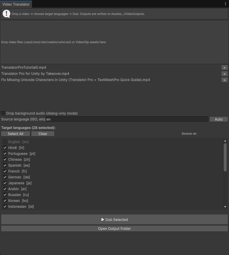 Translator Pro video translator screen for dubbing video files into selected languages
