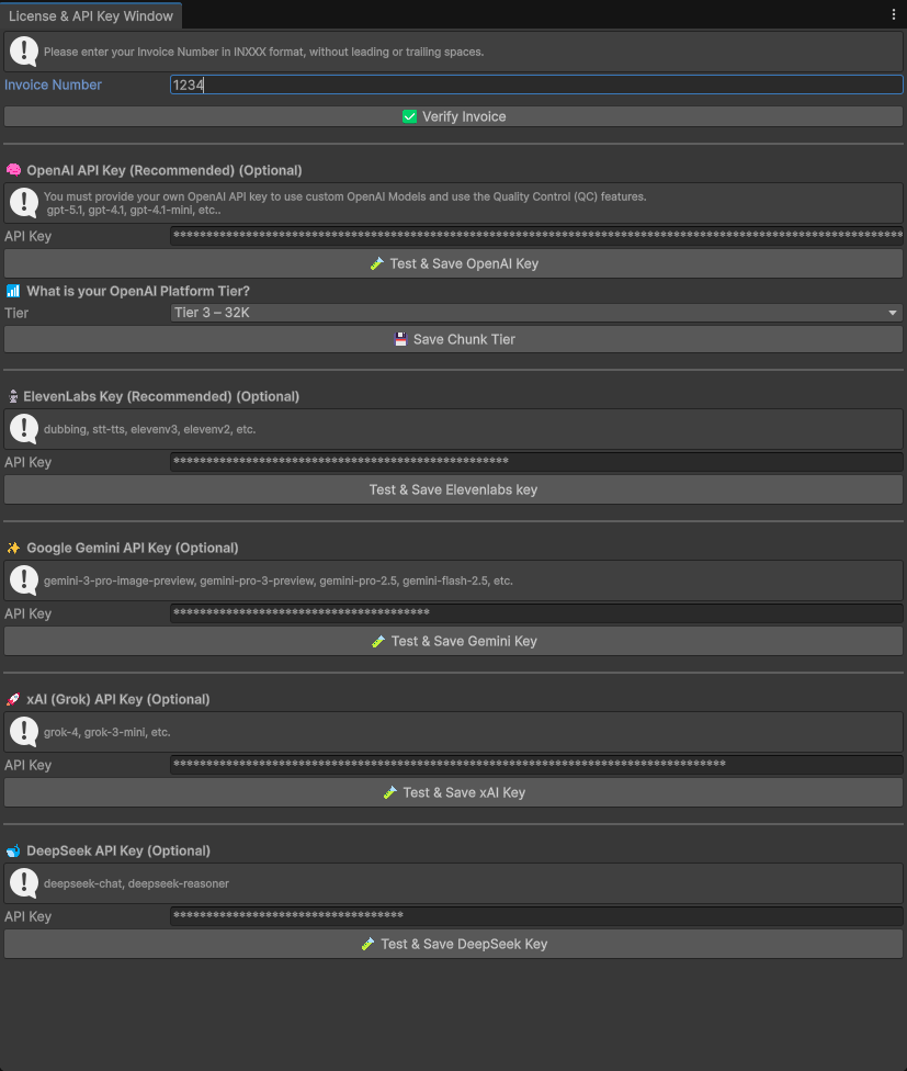 Translator Pro license and API key window with invoice verification and multiple provider keys