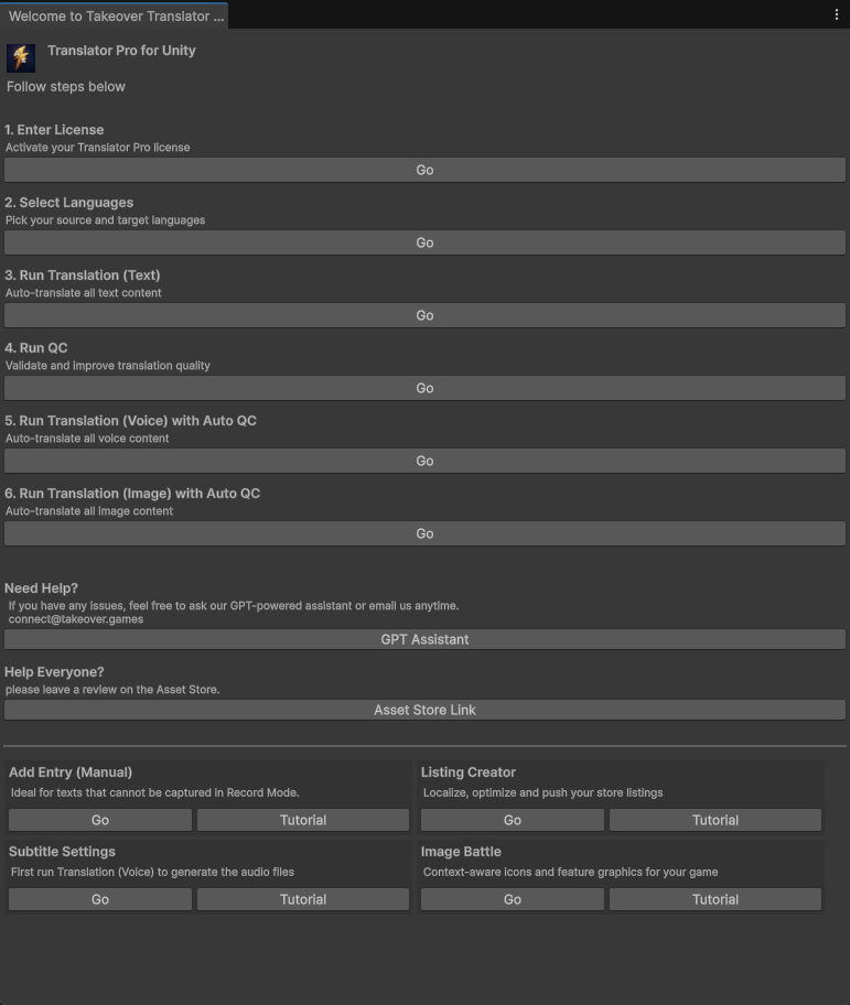 Translator Pro welcome workflow screen for Unity