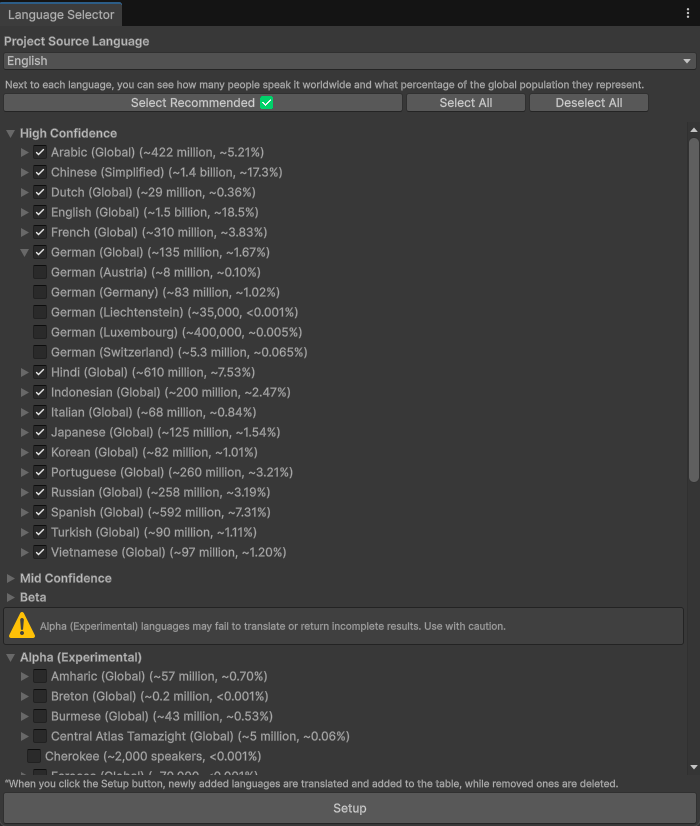 Translator Pro language selector with locale groups and recommended languages