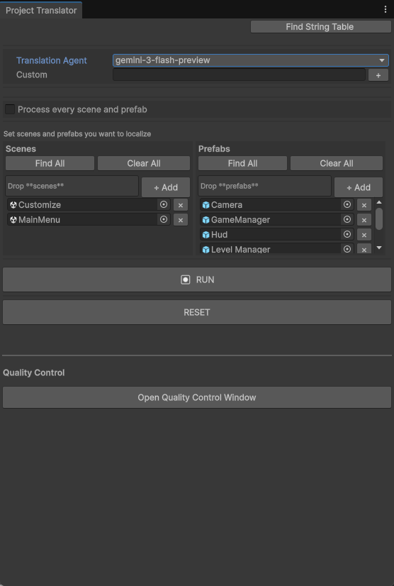 Translator Pro text project translator window with scenes, prefabs, translation agent, and quality control button