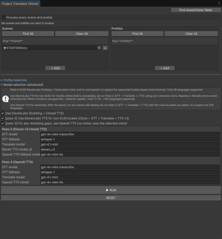 Translator Pro voice translation window with TTS profile selection and model settings