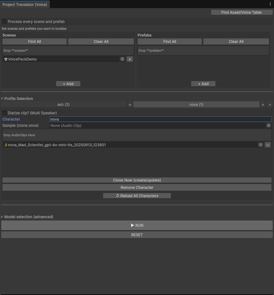 Translator Pro voice character profile interface with clone and run controls