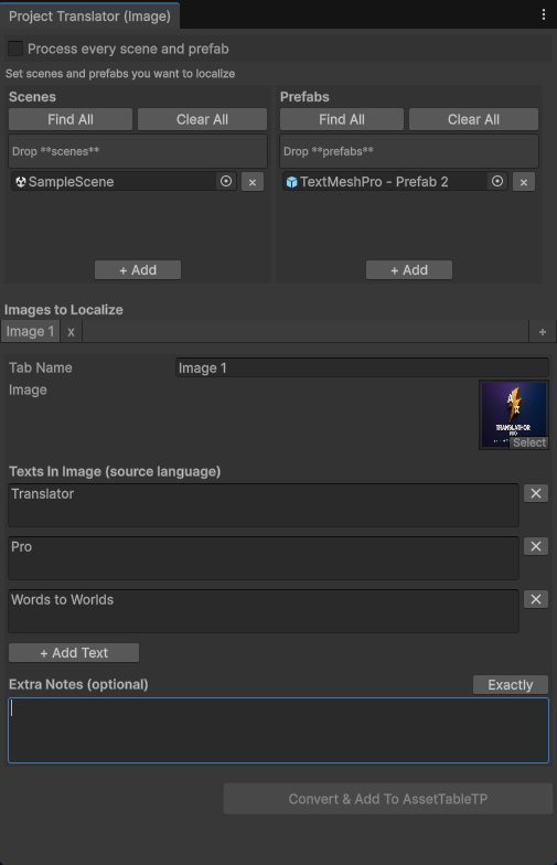 Translator Pro image localization interface with image text extraction and notes
